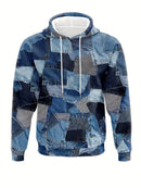Men's Loose Hoodie Denim Plaid Patchwork Drawstring Pocket Sweatshirt