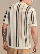 Men's Knitted Short Sleeve Shirt Casual Slim Fit Striped Lapel