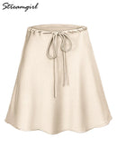 Satin Mini Skirt Women High Waist Drawstring A Line Summer Silk