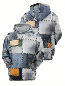 Men's Loose Hoodie Denim Plaid Patchwork Drawstring Pocket Sweatshirt