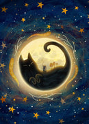 Black Cat Canvas Wall Art Moon Star Forest Cartoon Illustration