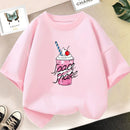 Girls Strawberry Milk Shake T-shirt Cute Pink Cartoon Short Sleeve Tee