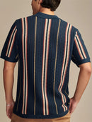 Men's Knitted Short Sleeve Shirt Casual Slim Fit Striped Lapel