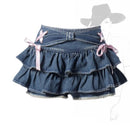 Women Mini Denim Skirt Vintage Y2k Ruffle Bow A-Line Jean Skirt