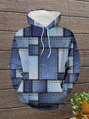 Men's Loose Hoodie Denim Plaid Patchwork Drawstring Pocket Sweatshirt
