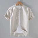 Men's Short-Sleeved Shirt Cotton Linen Casual Stand Collar Plus Size