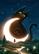 Black Cat Canvas Wall Art Moon Star Forest Cartoon Illustration