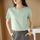 Women Silk T-shirts Mercerized Cotton O Neck Short Sleeve Casual Tops