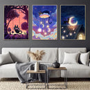 Black Cat Canvas Wall Art Moon Star Forest Cartoon Illustration