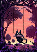 Black Cat Canvas Wall Art Moon Star Forest Cartoon Illustration