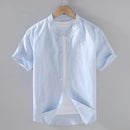 Men's Short-Sleeved Shirt Cotton Linen Casual Stand Collar Plus Size