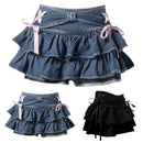 Women Mini Denim Skirt Vintage Y2k Ruffle Bow A-Line Jean Skirt