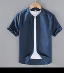 Men's Short-Sleeved Shirt Cotton Linen Casual Stand Collar Plus Size