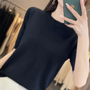 Women Short-Sleeved Knitwear Top O-Neck Lyocell Summer Tee
