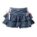 Women Mini Denim Skirt Vintage Y2k Ruffle Bow A-Line Jean Skirt