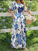 Women Maxi Dress Casual Printed O-neck Short Sleeve A-line Beach