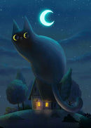 Black Cat Canvas Wall Art Moon Star Forest Cartoon Illustration