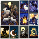 Black Cat Canvas Wall Art Moon Star Forest Cartoon Illustration