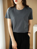 Women Silk T-shirts Mercerized Cotton O Neck Short Sleeve Casual Tops