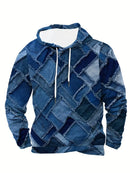 Men's Loose Hoodie Denim Plaid Patchwork Drawstring Pocket Sweatshirt
