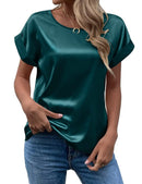 Women's Satin Shirt Short Sleeve Loose Casual Round Neck T-shirt