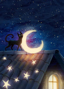 Black Cat Canvas Wall Art Moon Star Forest Cartoon Illustration