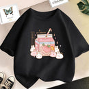 Girls Strawberry Milk Shake T-shirt Cute Pink Cartoon Short Sleeve Tee