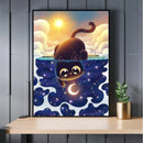 Black Cat Canvas Wall Art Moon Star Forest Cartoon Illustration