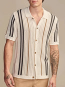 Men's Knitted Short Sleeve Shirt Casual Slim Fit Striped Lapel