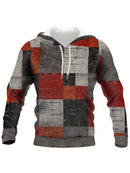 Men's Loose Hoodie Denim Plaid Patchwork Drawstring Pocket Sweatshirt