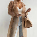 Women's Mesh Overcoat Lightweight Long Sleeve Buttoned Belted Coat