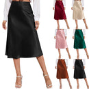 Women's High Waist Satin A Line Skirt Knee Length Side Split