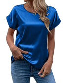 Women's Satin Shirt Short Sleeve Loose Casual Round Neck T-shirt