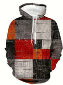 Men's Loose Hoodie Denim Plaid Patchwork Drawstring Pocket Sweatshirt