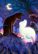 Black Cat Canvas Wall Art Moon Star Forest Cartoon Illustration