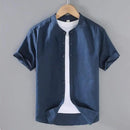 Men's Short-Sleeved Shirt Cotton Linen Casual Stand Collar Plus Size