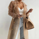 Women's Mesh Trench Coat Transparent Long Lace-up Belted Shirt