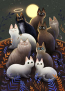 Black Cat Canvas Wall Art Moon Star Forest Cartoon Illustration