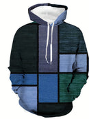 Men's Loose Hoodie Denim Plaid Patchwork Drawstring Pocket Sweatshirt