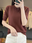 Women Short-Sleeved Knitwear Top O-Neck Lyocell Summer Tee