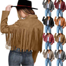 Women Faux Suede Leather Jackets Fringe Tassel Cropped Motorcycle Style