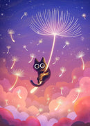 Black Cat Canvas Wall Art Moon Star Forest Cartoon Illustration