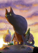 Black Cat Canvas Wall Art Moon Star Forest Cartoon Illustration