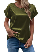 Women's Satin Shirt Short Sleeve Loose Casual Round Neck T-shirt