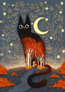 Black Cat Canvas Wall Art Moon Star Forest Cartoon Illustration