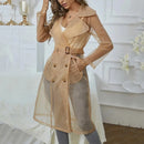 Women's Mesh Overcoat Lightweight Long Sleeve Buttoned Belted Coat