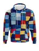 Men's Loose Hoodie Denim Plaid Patchwork Drawstring Pocket Sweatshirt