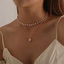 Women's Pearl Necklace Gold Beads Double Layer Chain Choker