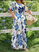 Women Maxi Dress Casual Printed O-neck Short Sleeve A-line Beach Dress