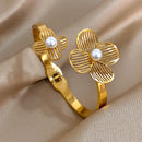 Greatera Stainless Steel Flower Cuff Bracelet Gold Floral Bangle Women
